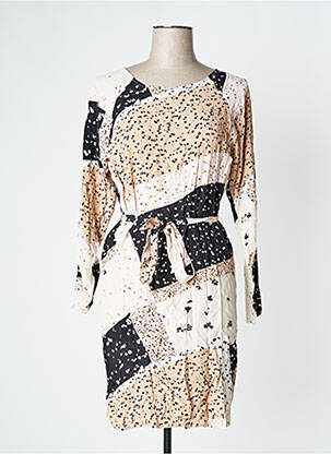 Robe mi-longue imprimé fleurs manches longues beige ICHI femme