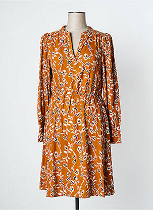Robe mi-longue imprimé fleurs manches longues marron ICHI femme