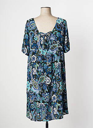 Robe mi-longue imprimé fleurs manches courtes bleu AGATHE & LOUISE femme