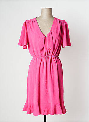 Robe mi-longue tissage crêpe manches courtes rose EMI-JO femme
