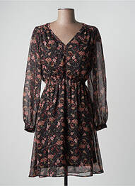 Robe mi-longue imprimé fleurs manches longues noir C'EST BEAU LA VIE femme