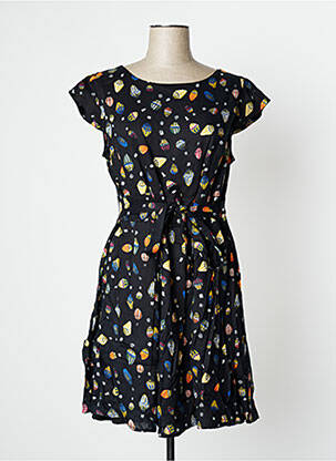 Robe mi-longue imprimé fantaisie manches courtes noir MD'M femme