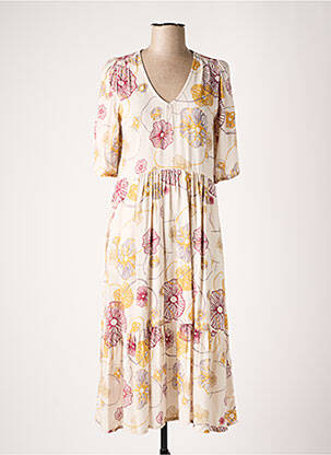 Robe mi-longue imprimé fleurs manches courtes beige ZILCH femme