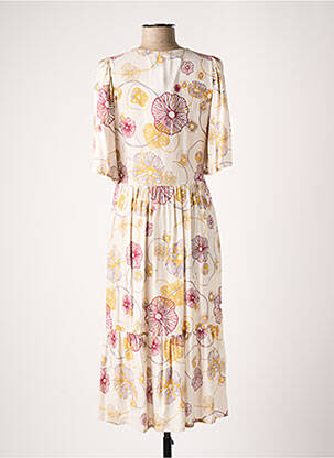 Robe mi-longue imprimé fleurs manches courtes beige ZILCH femme