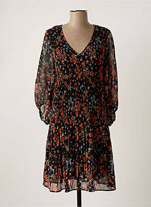 Robe mi-longue imprimé fleurs manches longues noir ICHI femme