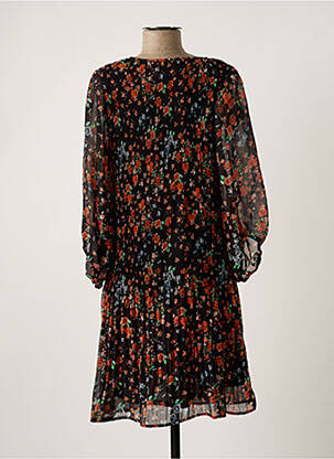 Robe mi-longue imprimé fleurs manches longues noir ICHI femme