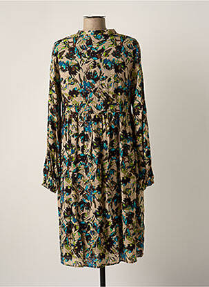 Robe mi-longue imprimé fleurs manches longues beige KAFFE femme