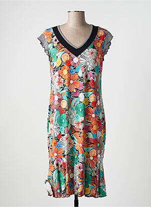 Robe mi-longue imprimé fleurs manches courtes vert TELMAIL femme