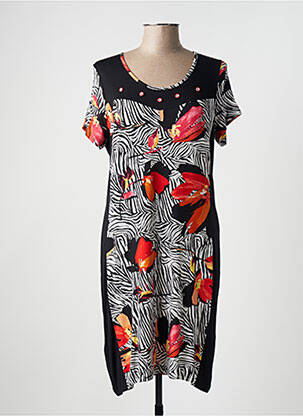 Robe mi-longue imprimé fantaisie manches courtes noir GUY DUBOUIS femme