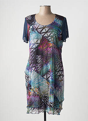 Robe mi-longue imprimé fantaisie manches courtes bleu GUY DUBOUIS femme
