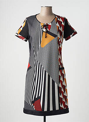 Robe mi-longue imprimé fantaisie manches courtes noir GUY DUBOUIS femme