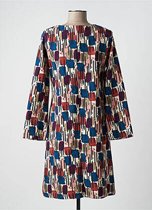 Robe mi-longue imprimé fantaisie manches longues beige MADE IN SENS femme