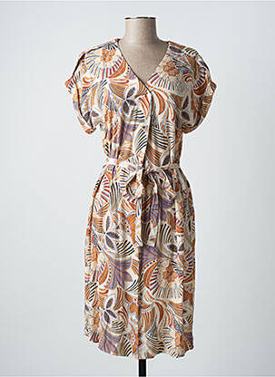 Robe mi-longue imprimé fleurs manches courtes beige DIANE LAURY femme