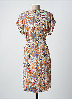 Robe mi-longue imprimé fleurs manches courtes beige DIANE LAURY femme