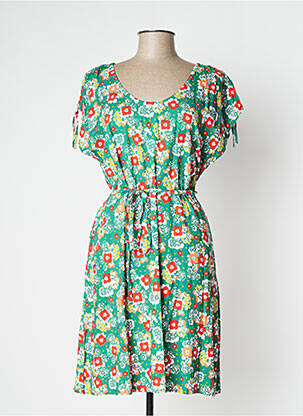 Robe mi-longue imprimé fleurs manches courtes vert PRINCESSE NOMADE femme