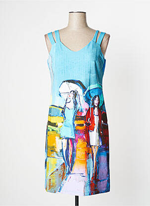 Robe mi-longue imprimé fantaisie fines bretelles bleu DOLCEZZA femme
