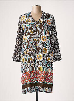 Robe mi-longue imprimé fleurs manches longues marron LE PETIT BAIGNEUR femme