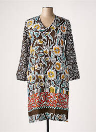 Robe mi-longue imprimé fleurs manches longues marron LE PETIT BAIGNEUR femme