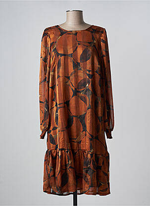 Robe mi-longue coupe fluide manches longues marron SIGNATURE femme