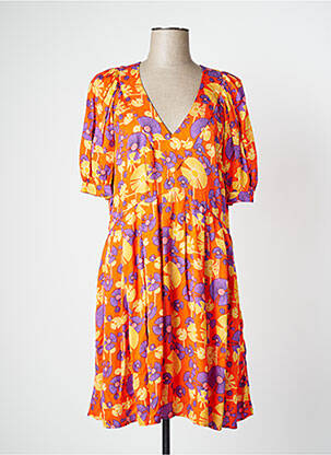 Robe mi-longue imprimé fleurs manches courtes orange IDANO femme