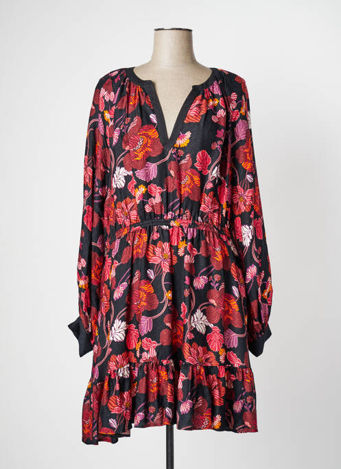 Robe mi-longue imprimé fleurs manches longues noir IDANO femme