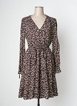 Robe mi-longue imprimé fleurs manches longues bleu C'EST BEAU LA VIE femme