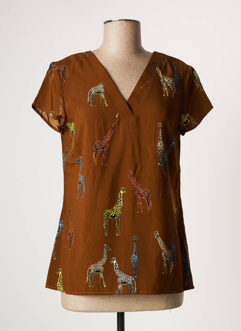 Blouse tissage popeline manches courtes marron GEISHA femme