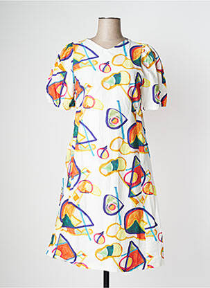 Robe mi-longue imprimé fantaisie manches courtes blanc PAN femme
