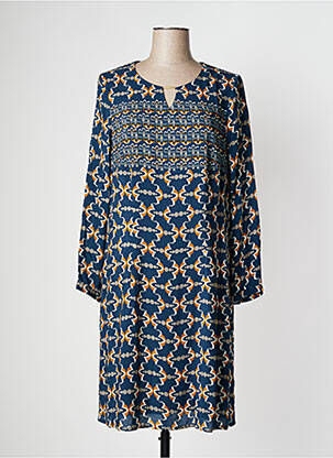 Robe mi-longue coupe fluide manches longues bleu PAUSE CAFE femme