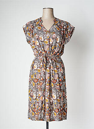Robe mi-longue imprimé fleurs manches courtes marron LE PETIT BAIGNEUR femme