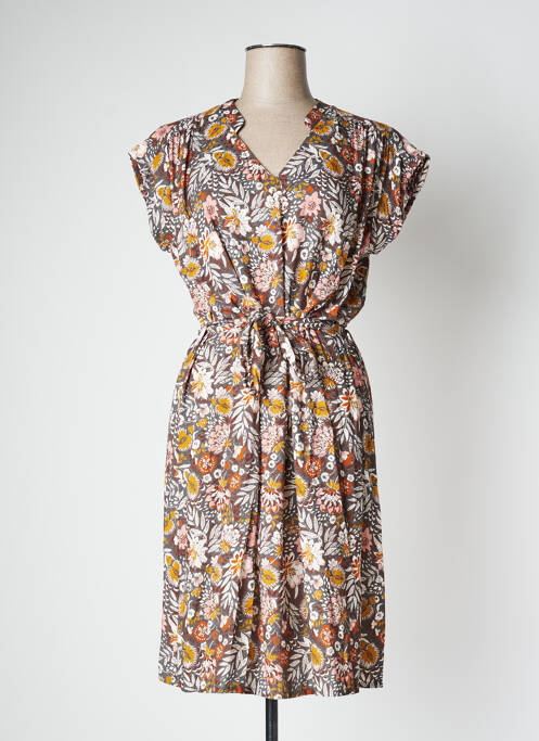 Robe mi-longue imprimé fleurs manches courtes marron LE PETIT BAIGNEUR femme