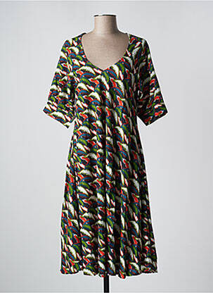Robe mi-longue imprimé fantaisie manches courtes vert KALI YOG femme