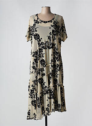 Robe mi-longue imprimé fleurs manches courtes beige ALEMBIKA femme