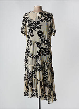 Robe mi-longue imprimé fleurs manches courtes beige ALEMBIKA femme