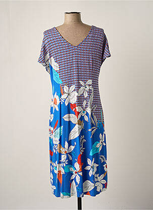 Robe mi-longue imprimé fleurs manches courtes bleu BARANDI femme