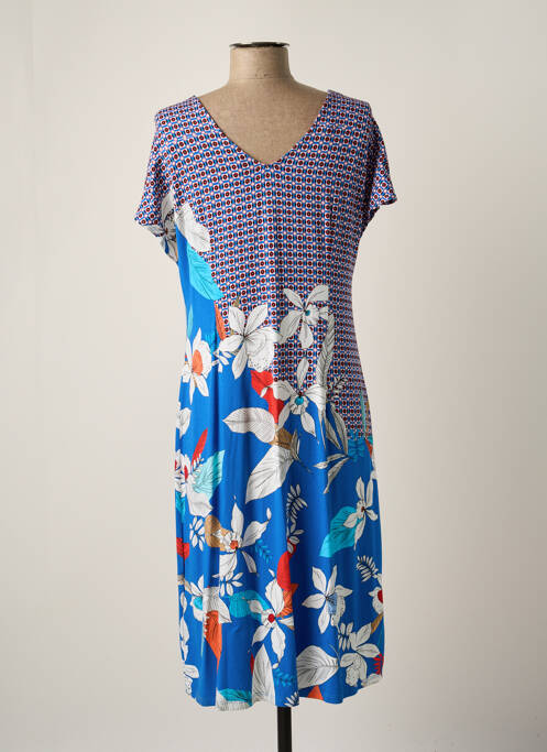 Robe mi-longue imprimé fleurs manches courtes bleu BARANDI femme