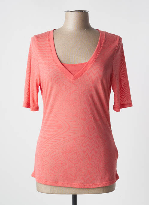 Top imprimé fantaisie manches courtes rose R 867 femme