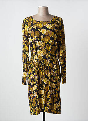Robe mi-longue imprimé fleurs manches longues jaune ICHI femme