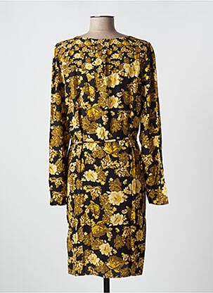 Robe mi-longue imprimé fleurs manches longues jaune ICHI femme