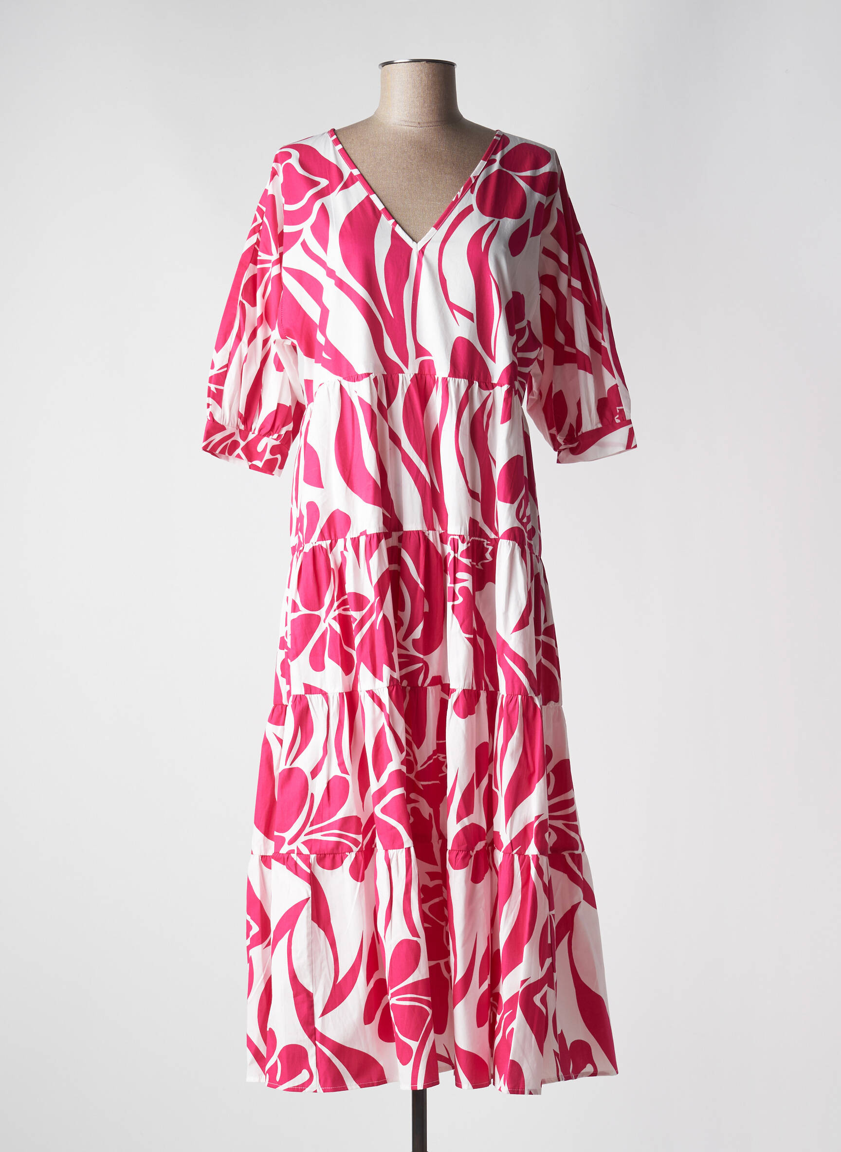 Robe longue tissage popeline manches courtes rose GOA femme
