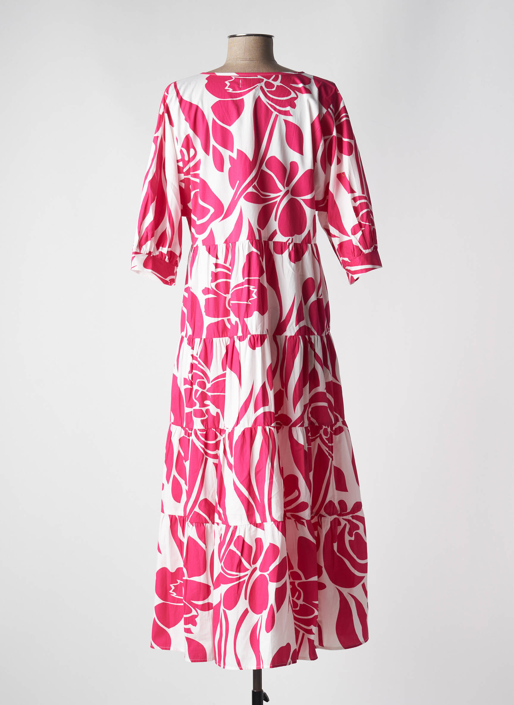 Robe longue tissage popeline manches courtes rose GOA femme