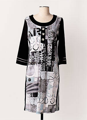 Robe mi-longue imprimé fantaisie manches longues noir DOLCEZZA femme