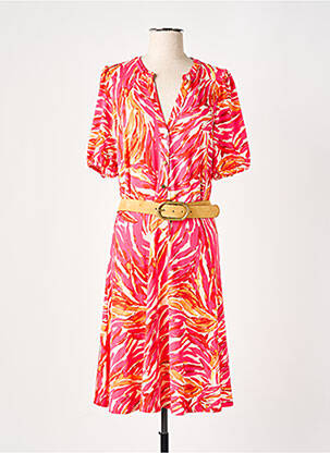 Robe mi-longue imprimé fantaisie manches courtes rose K-DESIGN femme