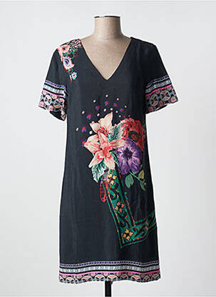 Robe mi-longue imprimé fleurs manches courtes noir DESIGUAL femme