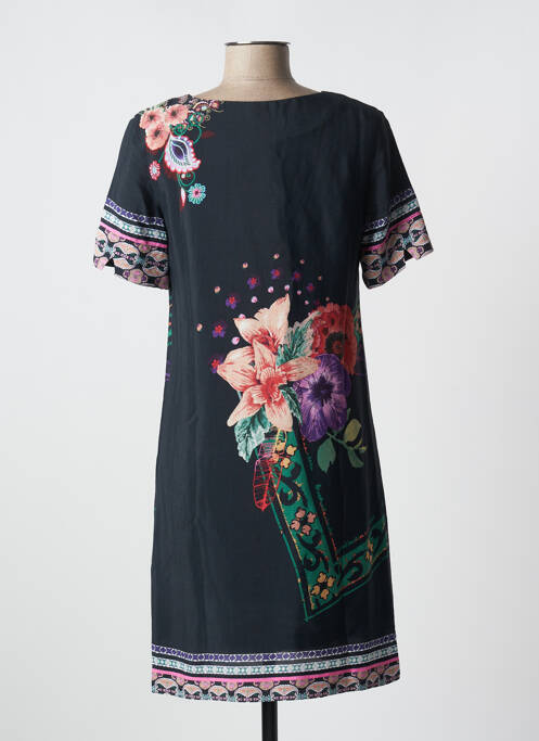 Robe mi-longue imprimé fleurs manches courtes noir DESIGUAL femme