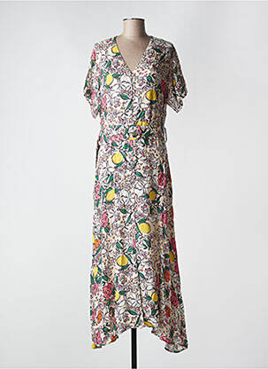 Robe longue imprimé fantaisie manches courtes beige LEO & UGO femme