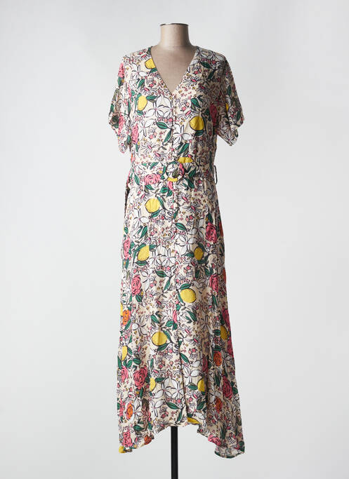 Robe longue imprimé fantaisie manches courtes beige LEO & UGO femme