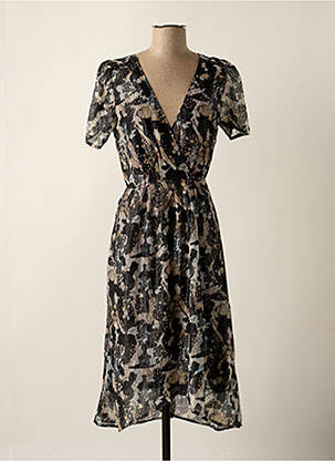 Robe mi-longue imprimé fantaisie manches courtes noir KAPORAL femme