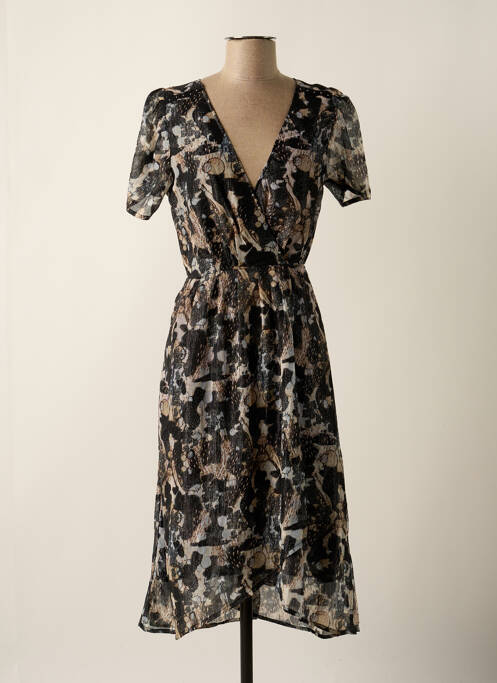 Robe mi-longue imprimé fantaisie manches courtes noir KAPORAL femme