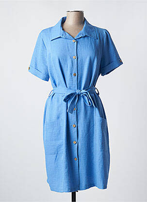 Robe mi-longue tissage crêpe manches courtes bleu HALOGENE femme